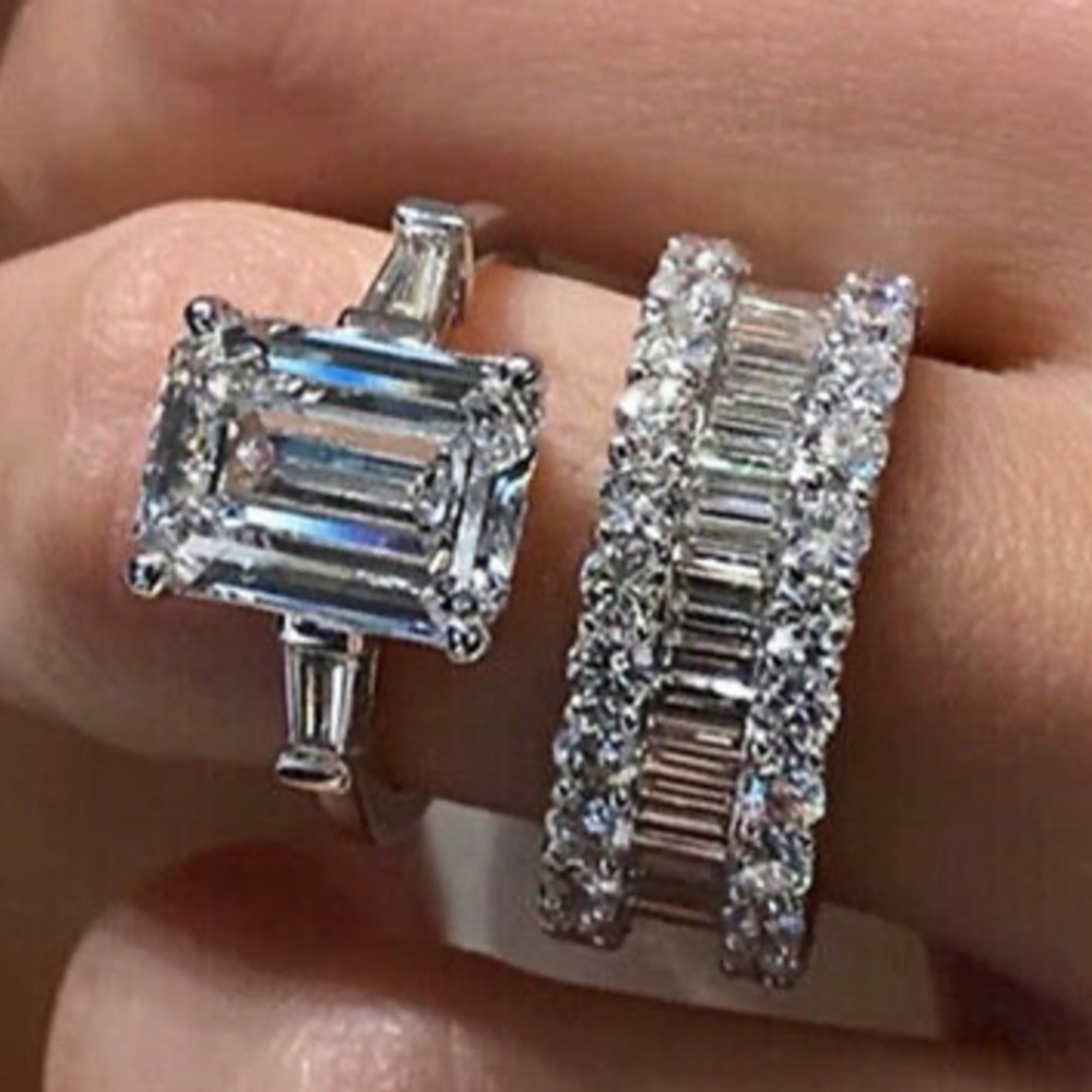NEW 2pcs/set 925 Silver Rings Emerald Cut - Picture 1 of 2